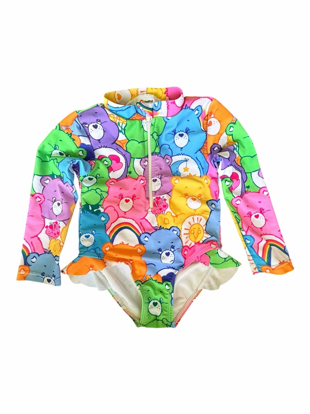 Care Bears Multicolor Long Sleeve Rashguard One Piece Swimsuit Trim Ruffle 12-18